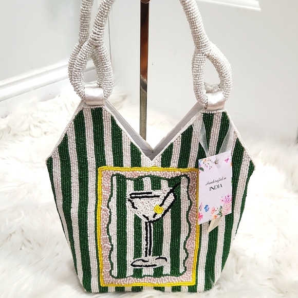 🔹️Made In india Viral Beaded Martini Green Striped Beaded Hancrafted Bag - Picture 1 of 10